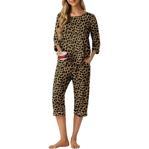 image:imagePrinStory Womens Pajama Sets Capri Pjs Soft Lounge Sets XS4XL  34 Sleeve Top and Capri Pants with Pockets Breathable and Stretchy Fabric 2 Piece Petite Pajamas Soft SleepwearFpleopard Khaki