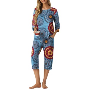 image:imagePrinStory Womens Pajama Sets Capri Pjs Soft Lounge Sets XS4XL  34 Sleeve Top and Capri Pants with Pockets Breathable and Stretchy Fabric 2 Piece Petite Pajamas Soft SleepwearFpmix Blue