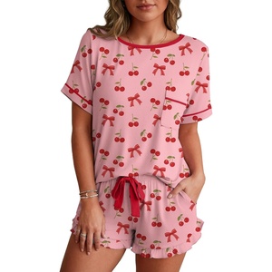 image:imagePrinStory Womens Pajama Sets Cute Pjs Short Sleeve Top Ruffle Shorts  Pajama Sets for Women 2 Piece Lightweight Pj Sets Soft Lounge Set with Pockets Womens SleepwearFpcherry Bow
