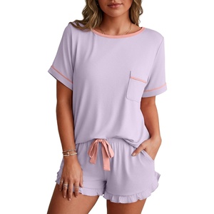 image:imagePrinStory Womens Pajama Sets Cute Pjs Short Sleeve Top Ruffle Shorts  Pajama Sets for Women 2 Piece Lightweight Pj Sets Soft Lounge Set with Pockets Womens SleepwearLight Purple