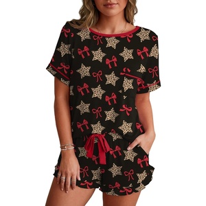 image:imagePrinStory Womens Pajama Sets Cute Pjs Short Sleeve Top Ruffle Shorts  Pajama Sets for Women 2 Piece Lightweight Pj Sets Soft Lounge Set with Pockets Womens SleepwearFpld Star Bow
