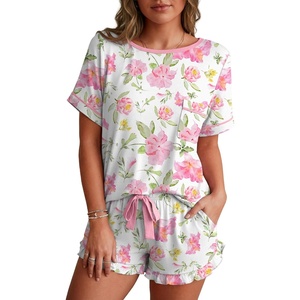 image:imagePrinStory Womens Pajama Sets Cute Pjs Short Sleeve Top Ruffle Shorts  Pajama Sets for Women 2 Piece Lightweight Pj Sets Soft Lounge Set with Pockets Womens SleepwearFpwhite Morning Glory