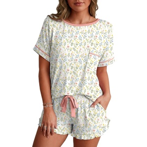 image:imagePrinStory Womens Pajama Sets Cute Pjs Short Sleeve Top Ruffle Shorts  Pajama Sets for Women 2 Piece Lightweight Pj Sets Soft Lounge Set with Pockets Womens SleepwearFpwh Colorful Flower