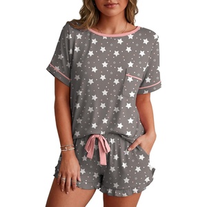 image:imagePrinStory Womens Pajama Sets Cute Pjs Short Sleeve Top Ruffle Shorts  Pajama Sets for Women 2 Piece Lightweight Pj Sets Soft Lounge Set with Pockets Womens SleepwearFpgray White Star