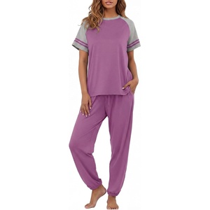 image:imagePrinStory Womens Pajama Sets Raglan Short Sleeve Pjs 2 Piece Lounge Set  Soft Pj Sets with Pockets Lightweight SleepwearCrew Neck Loungewear with Binding Elastic Ankle Cuffs Pj PantsPurple Red