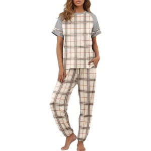 image:imagePrinStory Womens Pajama Sets Raglan Short Sleeve Pjs 2 Piece Lounge Set  Soft Pj Sets with Pockets Lightweight SleepwearCrew Neck Loungewear with Binding Elastic Ankle Cuffs Pj PantsFpgray Brown Plaid