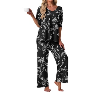 image:imagePrinStory Womens Pajama Sets Short Sleeve Soft Pjs S3XL  2 Piece VNeck Pj Sets for Women with Pockets Comfy Stretchy Pajamas for Sleep Home Travel Maternity NursingFpblack White Carving