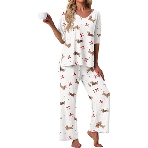 image:imagePrinStory Womens Pajama Sets Short Sleeve Soft Pjs S3XL  2 Piece VNeck Pj Sets for Women with Pockets Comfy Stretchy Pajamas for Sleep Home Travel Maternity NursingFpdachshund Bow