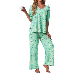 image:imagePrinStory Womens Pajama Sets Short Sleeve Soft Pjs S3XL  2 Piece VNeck Pj Sets for Women with Pockets Comfy Stretchy Pajamas for Sleep Home Travel Maternity NursingFpgreen Butterfly