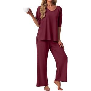 image:imagePrinStory Womens Pajama Sets Short Sleeve Soft Pjs S3XL  2 Piece VNeck Pj Sets for Women with Pockets Comfy Stretchy Pajamas for Sleep Home Travel Maternity NursingWine Red