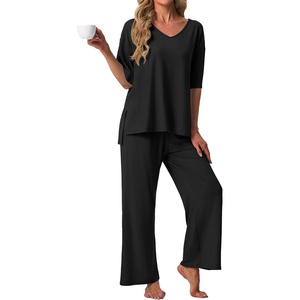 image:imagePrinStory Womens Pajama Sets Short Sleeve Soft Pjs S3XL  2 Piece VNeck Pj Sets for Women with Pockets Comfy Stretchy Pajamas for Sleep Home Travel Maternity NursingBlack