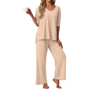 image:imagePrinStory Womens Pajama Sets Short Sleeve Soft Pjs S3XL  2 Piece VNeck Pj Sets for Women with Pockets Comfy Stretchy Pajamas for Sleep Home Travel Maternity NursingWheaten