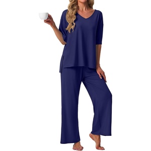 image:imagePrinStory Womens Pajama Sets Short Sleeve Soft Pjs S3XL  2 Piece VNeck Pj Sets for Women with Pockets Comfy Stretchy Pajamas for Sleep Home Travel Maternity NursingNavy Blue