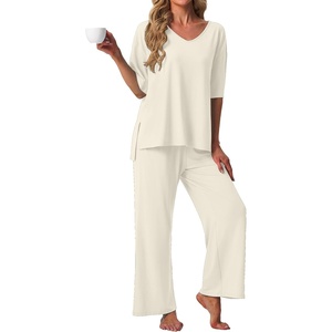 image:imagePrinStory Womens Pajama Sets Short Sleeve Soft Pjs S3XL  2 Piece VNeck Pj Sets for Women with Pockets Comfy Stretchy Pajamas for Sleep Home Travel Maternity NursingBeige Apricot