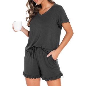 image:imagePrinStory Womens Pajama Sets Soft Pjs Set Lounge Set with Pockets S2XL  Short Sleeve Top and Shorts Set Breathable and Stretchy Fabric Ruffle ShortsSummer SleepwearDark Gray