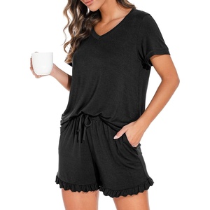 image:imagePrinStory Womens Pajama Sets Soft Pjs Set Lounge Set with Pockets S2XL  Short Sleeve Top and Shorts Set Breathable and Stretchy Fabric Ruffle ShortsSummer SleepwearBlack