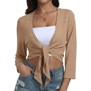 image:imagePrinStory Womens Tie Front Shrug 34 Sleeve Bolero Cardigan Lightweight Summer Casual Short Shawl Top S4XL18 Mocha Brown