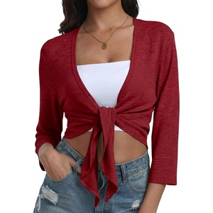 image:imagePrinStory Womens Tie Front Shrug 34 Sleeve Bolero Cardigan Lightweight Summer Casual Short Shawl Top S4XL22 Red