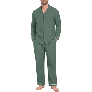 image:imagePrinStory Mens Pajamas Set Long Sleeve Button Down Sleepwear Pjs S2XL  Soft2 Pieces LoungewearLightweightSleep SetNotched CollarTop and PantsPocketsGreen