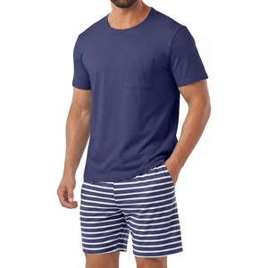 image:imagePrinStory Mens Pajamas Set Short Sleeve Soft Pjs M3XL  Summer Pajama Sets with Pockets Soft Breathable Stretchy Fabric SleepwearDeep Blue Stripe