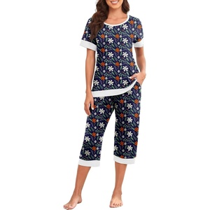 image:imagePrinStory Pajamas for Women Set Capri Pjs Soft Lounge Sets S4XL  Short Sleeve Shirt and Capri Pants with Pockets Breathable and Stretchy Fabric 2 Piece Summer Pajamas Soft SleepwearFpblue Leaf Flower
