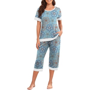 image:imagePrinStory Pajamas for Women Set Capri Pjs Soft Lounge Sets S4XL  Short Sleeve Shirt and Capri Pants with Pockets Breathable and Stretchy Fabric 2 Piece Summer Pajamas Soft SleepwearFpblue Print