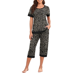 image:imagePrinStory Pajamas for Women Set Capri Pjs Soft Lounge Sets S4XL  Short Sleeve Shirt and Capri Pants with Pockets Breathable and Stretchy Fabric 2 Piece Summer Pajamas Soft SleepwearFpgray Ld Print