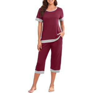 image:imagePrinStory Pajamas for Women Set Capri Pjs Soft Lounge Sets S4XL  Short Sleeve Shirt and Capri Pants with Pockets Breathable and Stretchy Fabric 2 Piece Summer Pajamas Soft SleepwearWine Red