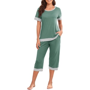 image:imagePrinStory Pajamas for Women Set Capri Pjs Soft Lounge Sets S4XL  Short Sleeve Shirt and Capri Pants with Pockets Breathable and Stretchy Fabric 2 Piece Summer Pajamas Soft SleepwearHaze Blue