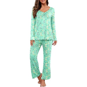 image:imagePrinStory Womens Pajama Sets Long Pjs Soft Lounge Sets  Long Sleeve Top and Pants No Pockets Breathable and Stretchy Fabric Ladies 2 Piece Pajamas Soft SleepwearFpgreen Butterfly