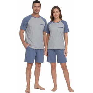 image:imageCouples Pajamas Set Short Sleeve Raglan Shirts and Shorts Lounge Sleepwear01gray Blue