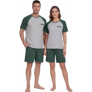 image:imageCouples Pajamas Set Short Sleeve Raglan Shirts and Shorts Lounge Sleepwear02green