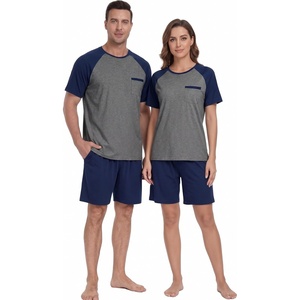 image:imageCouples Pajamas Set Short Sleeve Raglan Shirts and Shorts Lounge Sleepwear03navy Blue