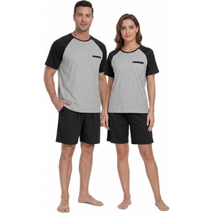image:imageCouples Pajamas Set Short Sleeve Raglan Shirts and Shorts Lounge Sleepwear05black