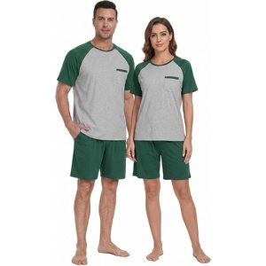 image:imageCouples Pajamas Set Short Sleeve Raglan Shirts and Shorts Lounge Sleepwear06dark Green