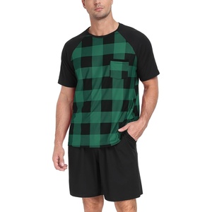 image:imageCouples Pajamas Set Short Sleeve Raglan Shirts and Shorts Lounge Sleepwear09black Green Gird