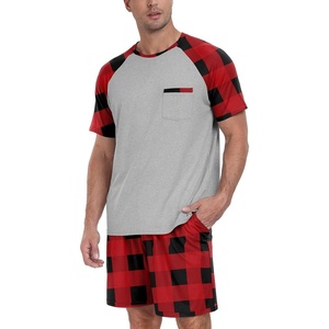 image:imageCouples Pajamas Set Short Sleeve Raglan Shirts and Shorts Lounge Sleepwear15red Plaid Gray