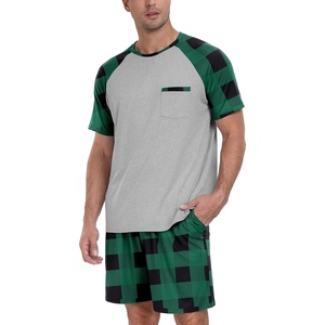 image:imageCouples Pajamas Set Short Sleeve Raglan Shirts and Shorts Lounge Sleepwear16green Plaid Gray
