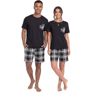 image:imageCouples Pajamas Set Short Sleeve Raglan Shirts and Shorts Lounge SleepwearFp Black White Plaid