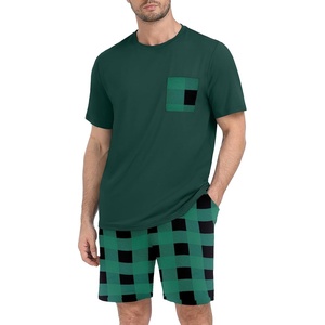 image:imageCouples Pajamas Set Short Sleeve Raglan Shirts and Shorts Lounge SleepwearFp Green Plaid