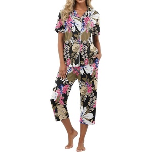 image:imagePrinStory Capri Pajamas for Womens Button Down PjsFpbig Leaf Pink