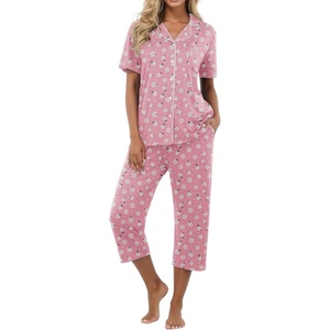 image:imagePrinStory Capri Pajamas for Womens Button Down PjsFppink White Flower