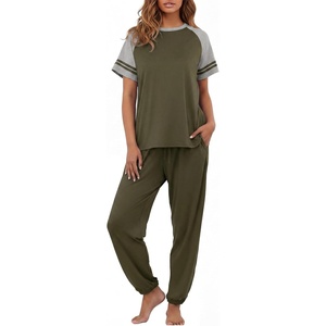 image:imagePrinStory Womens Pajama Sets Raglan Short Sleeve Pjs 2 Piece Lounge SetArmy Green