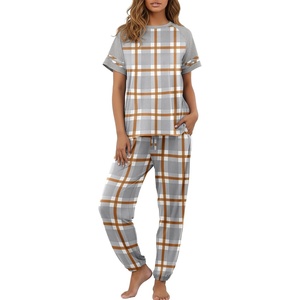 image:imagePrinStory Womens Pajama Sets Raglan Short Sleeve Pjs 2 Piece Lounge SetFpgray White Plaid