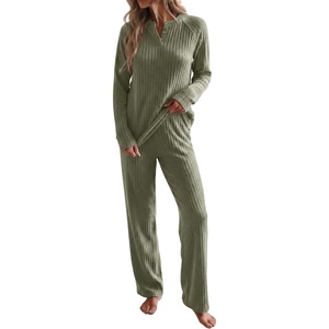 image:imagePrinStory Womens Ribbed Pajama Sets Winter Pjs 2 Piece Lounge SetArmy Green