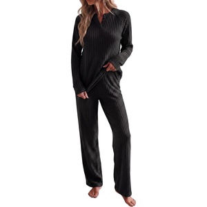 image:imagePrinStory Womens Ribbed Pajama Sets Winter Pjs 2 Piece Lounge SetBlack