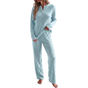 image:imagePrinStory Womens Ribbed Pajama Sets Winter Pjs 2 Piece Lounge SetLight Blue