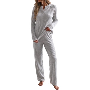 image:imagePrinStory Womens Ribbed Pajama Sets Winter Pjs 2 Piece Lounge SetLight Gray