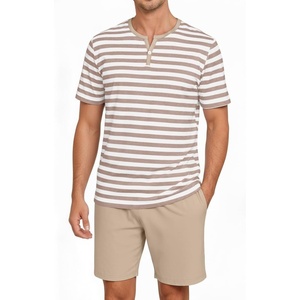 image:imagePrinStory Mens Pajamas Set Short Sleeve Soft Pjs M3XLKhaki Stripe