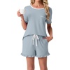image:imagePrinStory Womens Pajama Sets Cute Pjs Short Sleeve Top Ruffle ShortsGray Blue